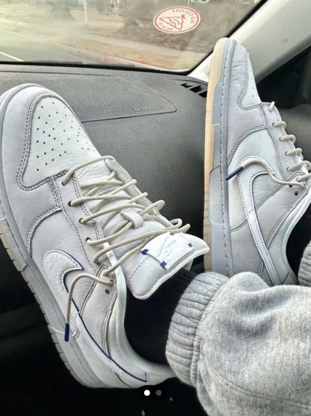 White and Wolf Gray Low-Top Dunks with Blue Trim